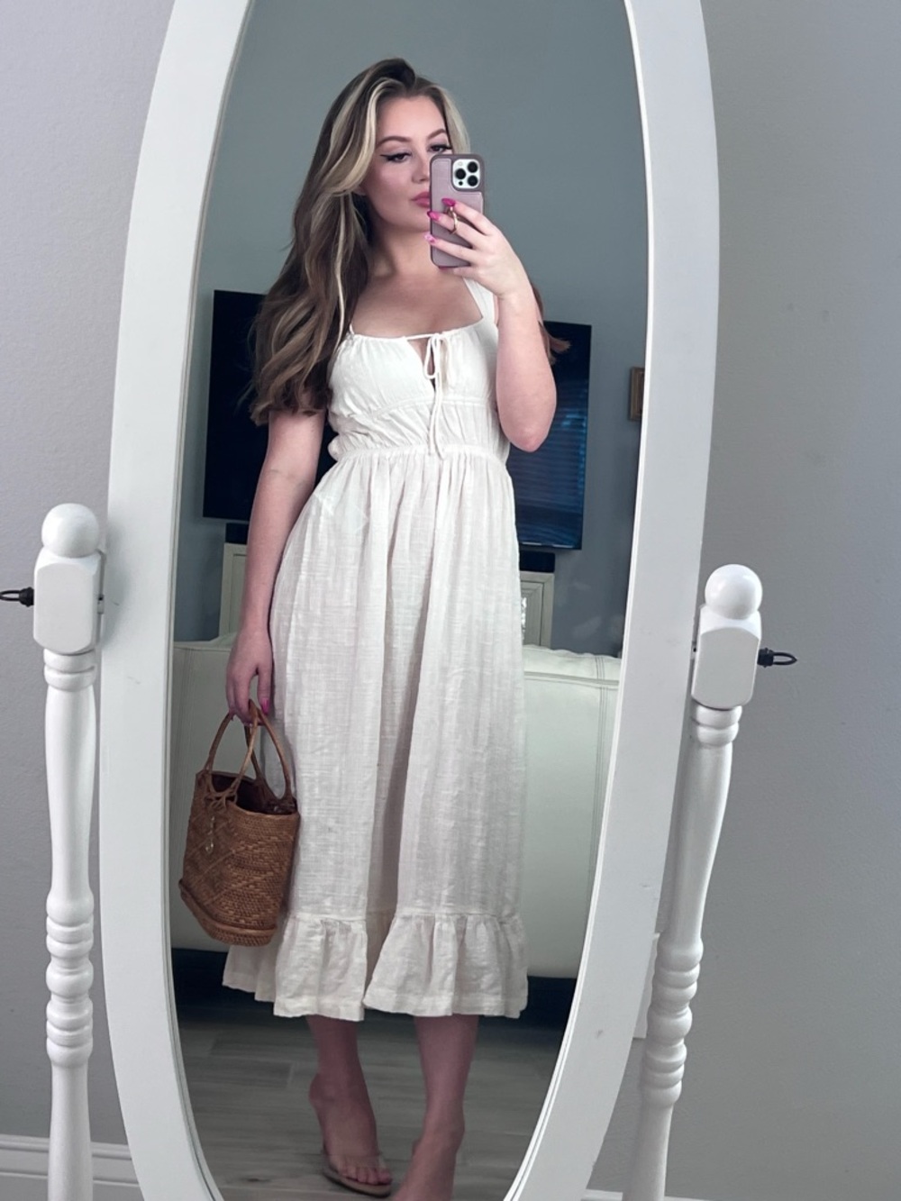 Roxy Off White Smocked Beachy Midi Dress Cottagecore Size Small